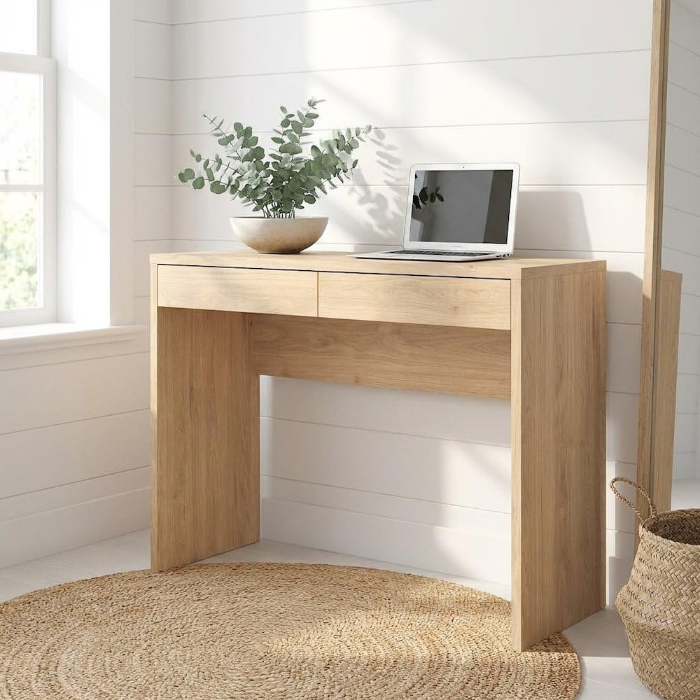 Home Office Work Table - Brown Wood Desk With Drawers, Writing
